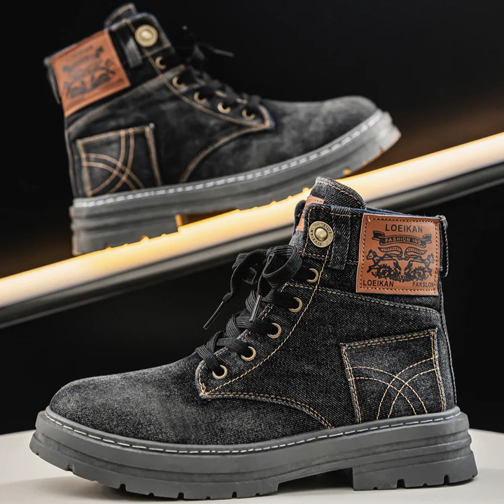 Men's Denim Ankle Boots with Lace Up Front and Lug Sole