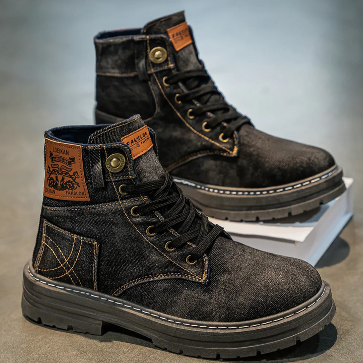 Men's Denim Ankle Boots with Lace Up Front and Lug Sole