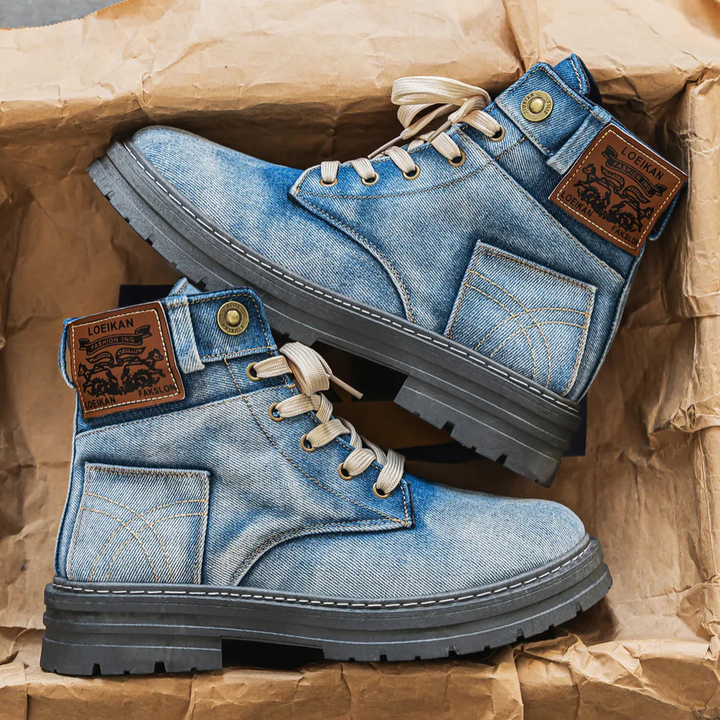 Men's Denim Ankle Boots with Lace Up Front and Lug Sole