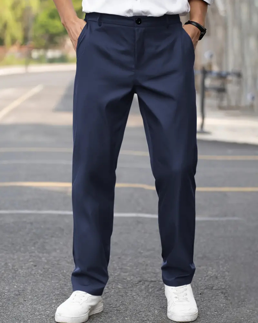 Men's Flat Front Dress Trousers with Side Pockets and Straight Leg