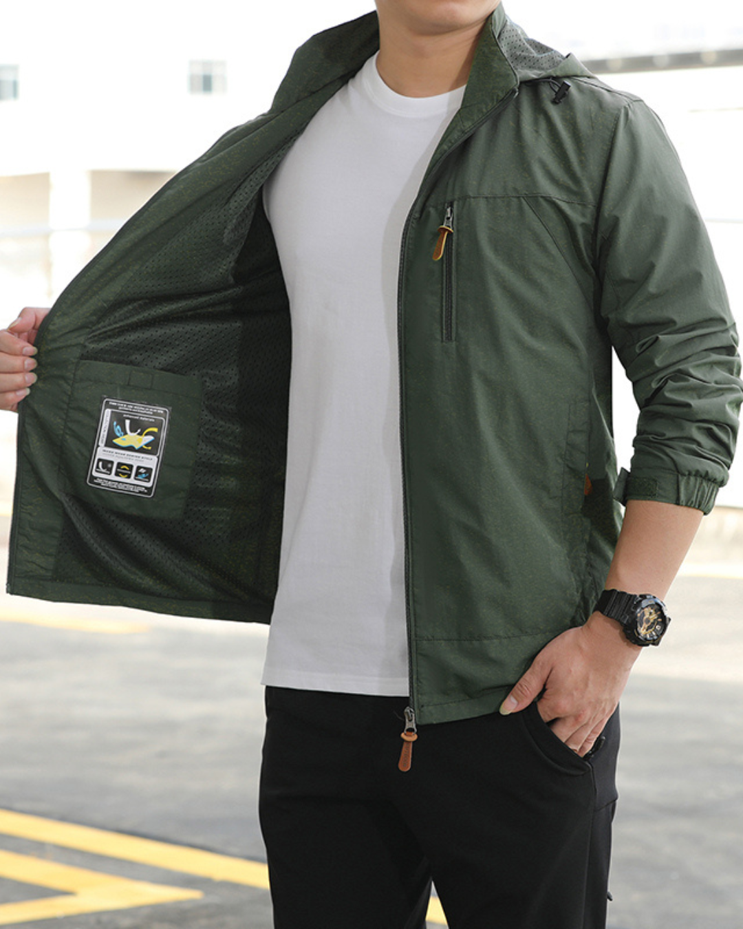 Men's Hooded Jacket with Zip Front Closure and Chest Pocket