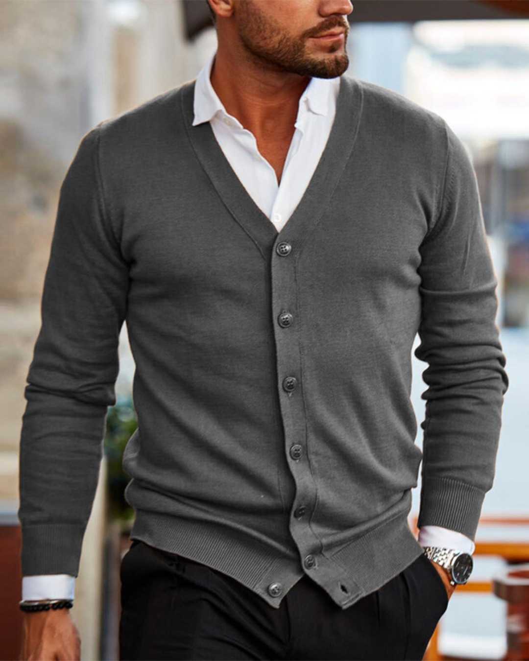 Men's Knitted Cardigan with V Neck and Buttons in Front