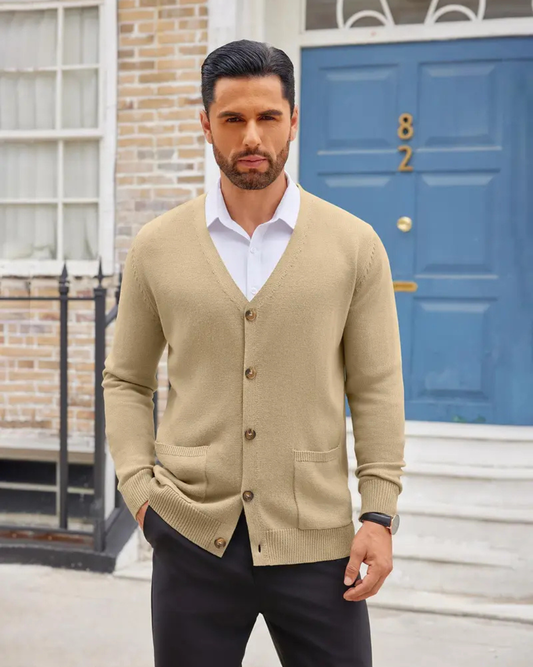 Men's Knitted Cardigan with V Neck and Buttons in Front