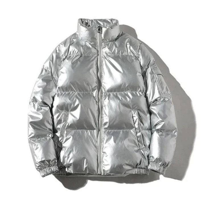Men's Metallic Puffer Jacket with Attached Hood and Zip Front Closure
