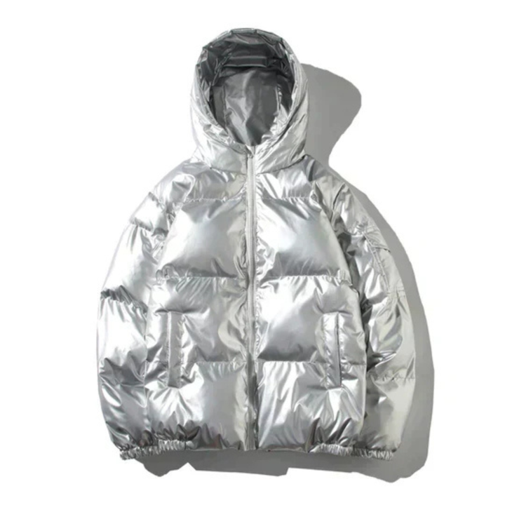 Men's Metallic Puffer Jacket with Attached Hood and Zip Front Closure