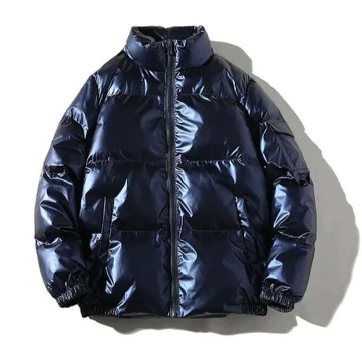 Men's Metallic Puffer Jacket with Attached Hood and Zip Front Closure