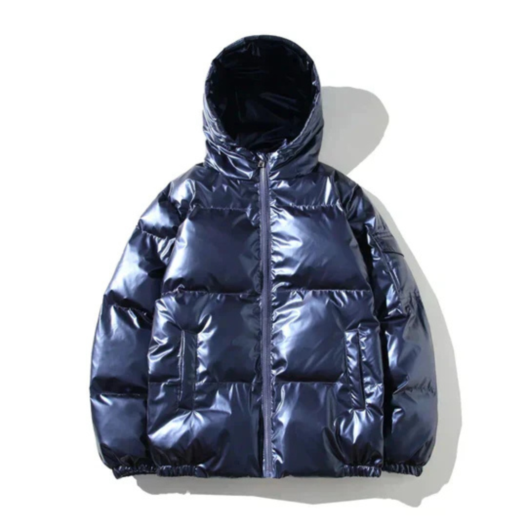 Men's Metallic Puffer Jacket with Attached Hood and Zip Front Closure