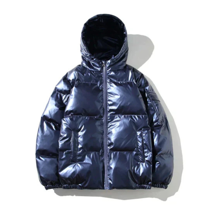 Men's Metallic Puffer Jacket with Attached Hood and Zip Front Closure