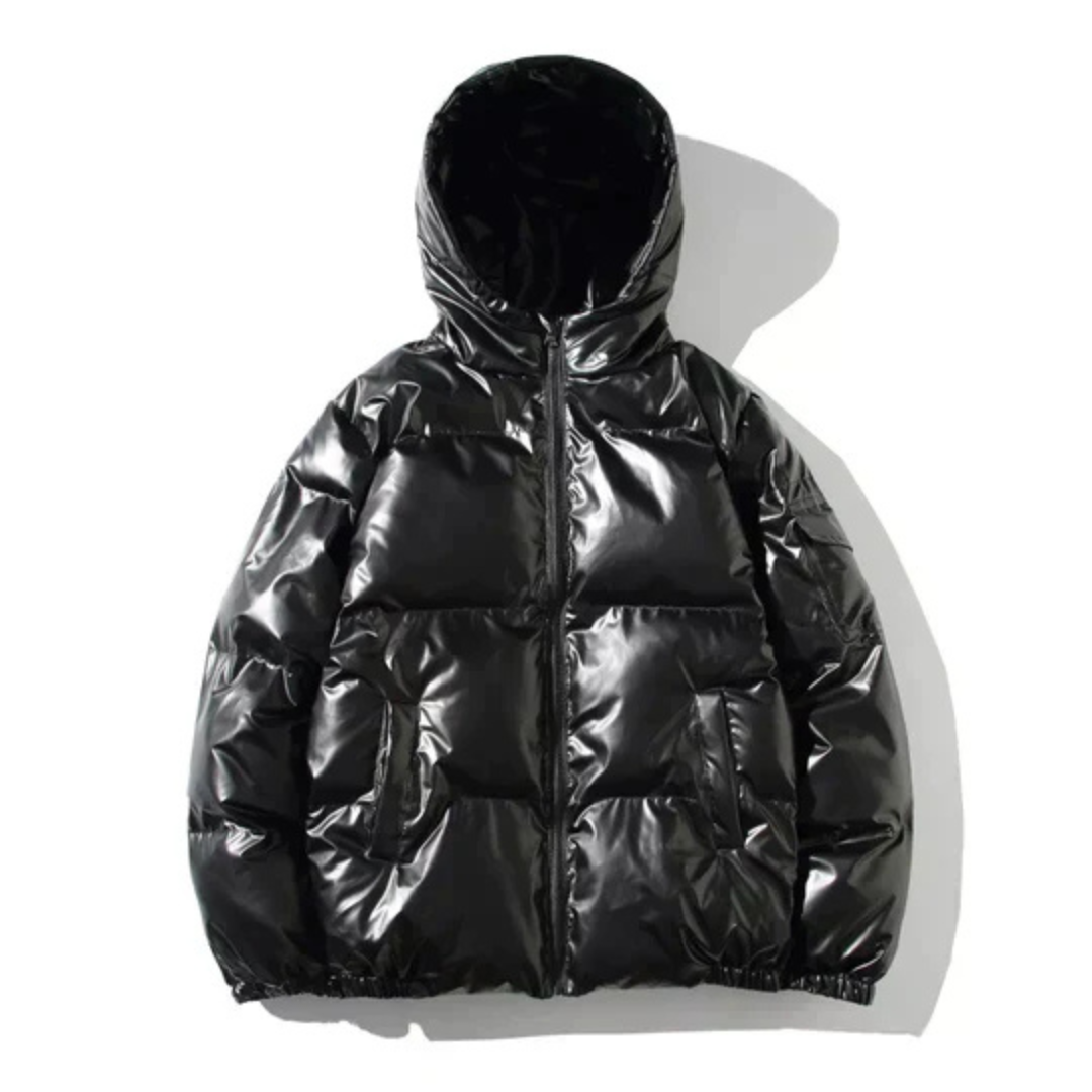 Men's Metallic Puffer Jacket with Attached Hood and Zip Front Closure