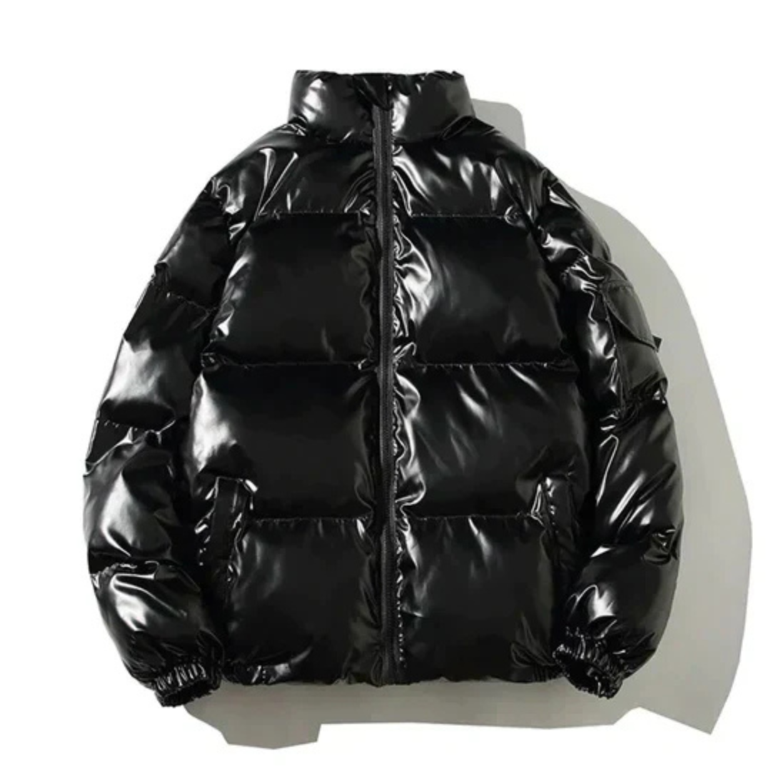 Men's Metallic Puffer Jacket with Attached Hood and Zip Front Closure