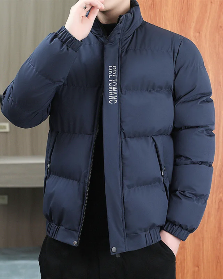 Men's Puffer Jacket with Ribbed Cuffs and Horizontal Quilted Panels