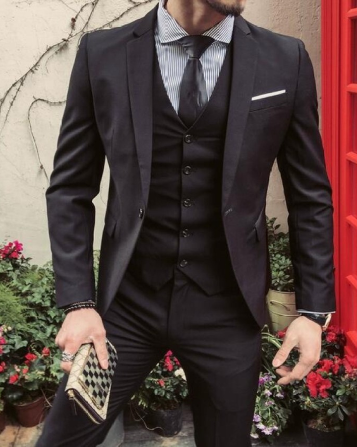 Men's Three Piece Suit Set with Notch Lapel Blazer and Vest