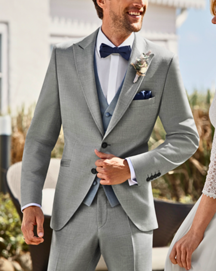 Men's Three Piece Suit Set with Single Button Blazer and Contrast Lapels
