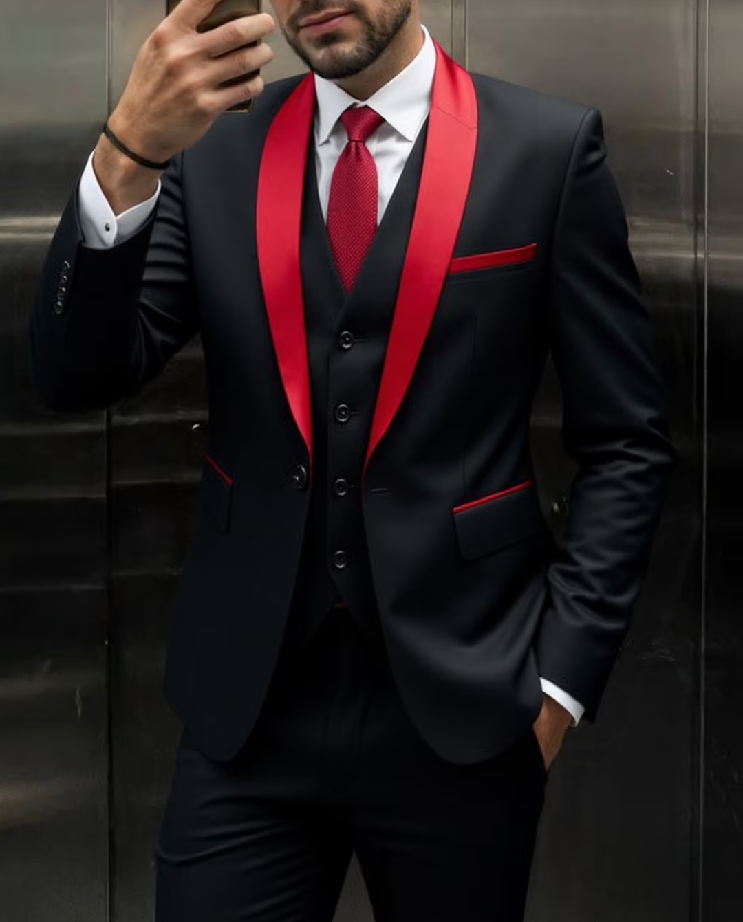 Men's Three Piece Suit Set with Single Button Blazer and Contrast Lapels