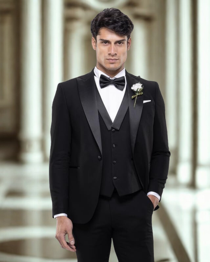 Men's Three Piece Suit Set with Single Button Blazer and Contrast Lapels