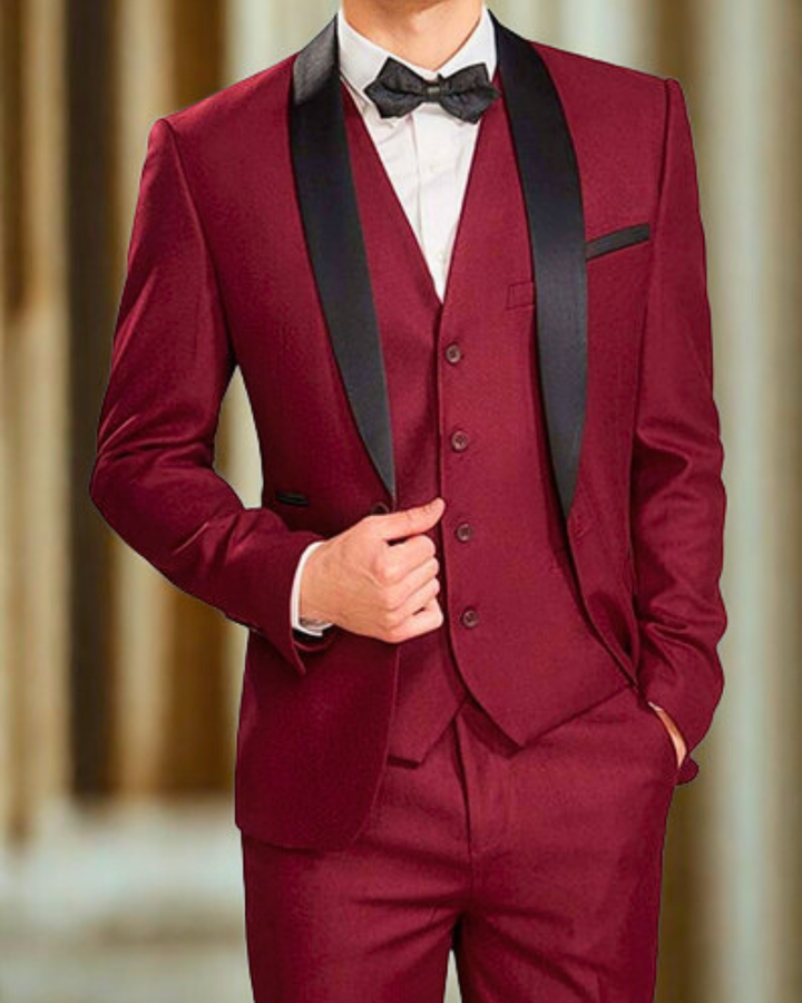 Men's Three Piece Suit Set with Single Button Blazer and Contrast Lapels