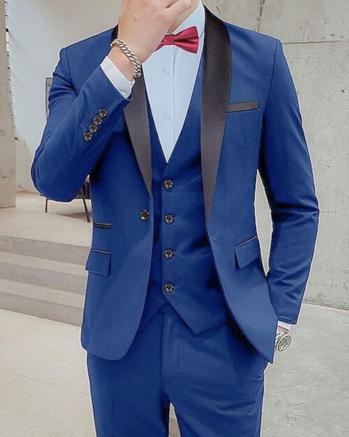 Men's Three Piece Suit Set with Single Button Blazer and Contrast Lapels