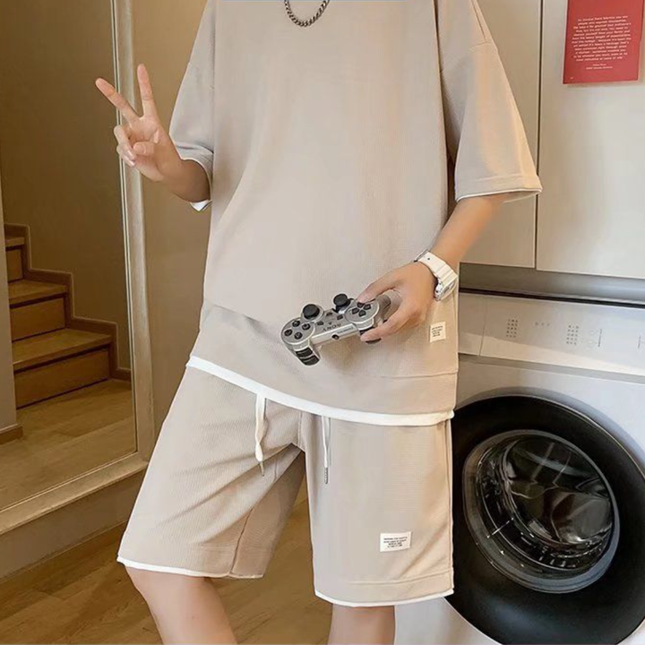 Men's Two Piece Set with Short Sleeve Top and Drawstring Shorts