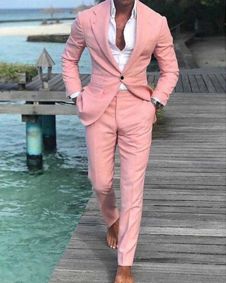 Men's Two Piece Suit Set with Single Breasted Blazer and Flat Front Pants