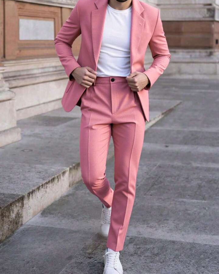 Men's Two Piece Suit Set with Single Breasted Blazer and Flat Front Pants