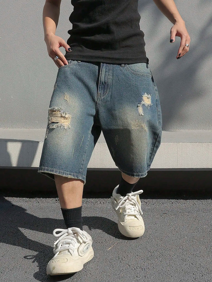 Men’s Wide-Leg Distressed Denim Shorts with Frayed Surface