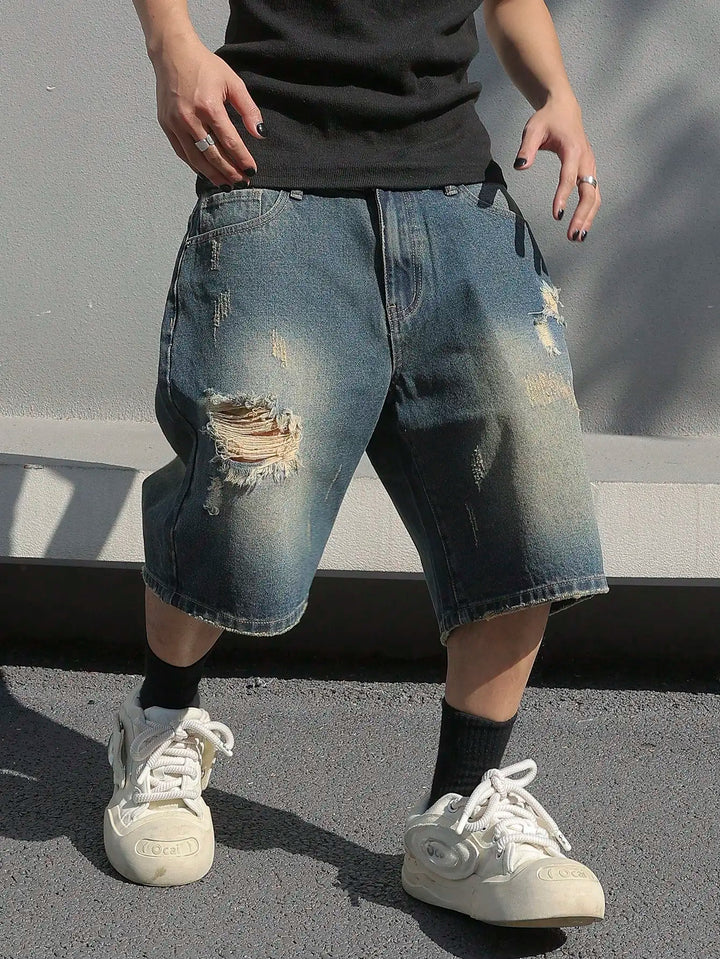 Men’s Wide-Leg Distressed Denim Shorts with Frayed Surface