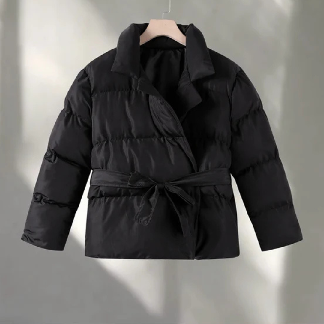 Women's Puffer Jacket with Wide Collar and Waist Belt Tie