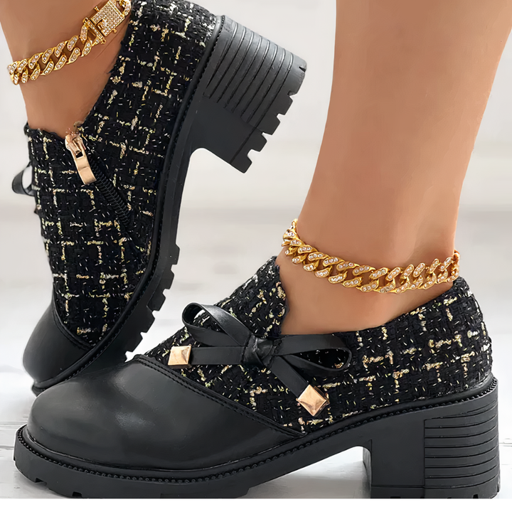 Women's Ankle Boots with Block Heel and Decorative Bow Detail
