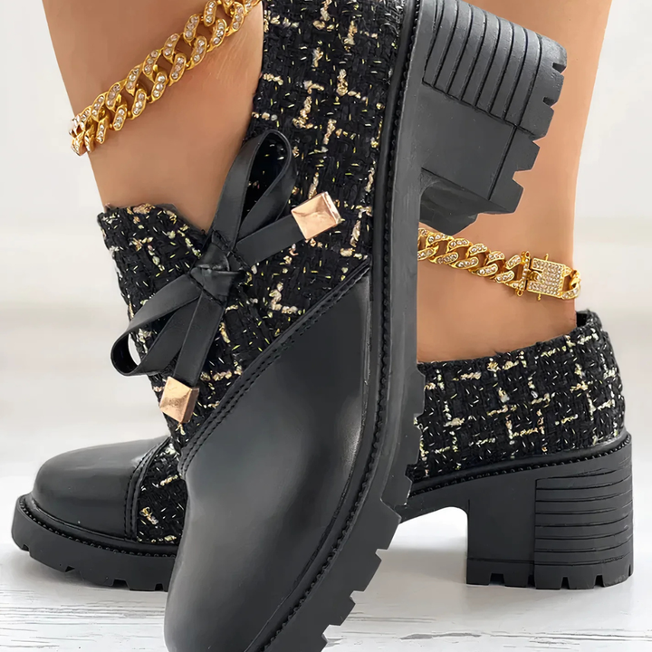 Women's Ankle Boots with Block Heel and Decorative Bow Detail