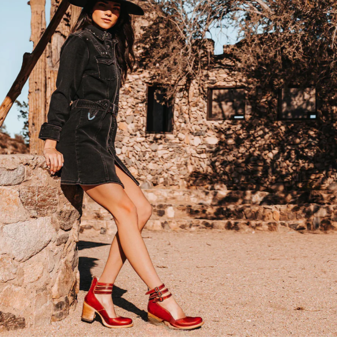 Women's Ankle Boots with Block Heel and Triple Buckle Ankle Straps