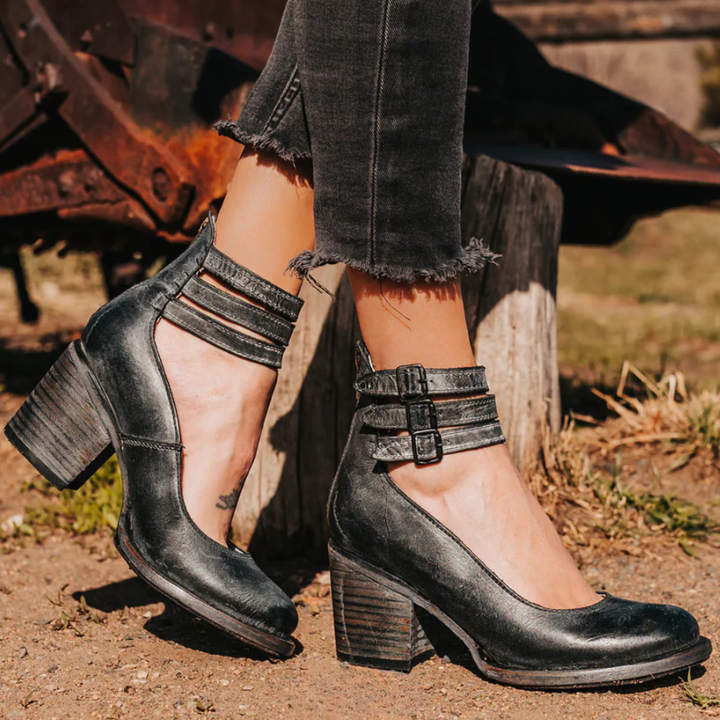 Women's Ankle Boots with Block Heel and Triple Buckle Ankle Straps