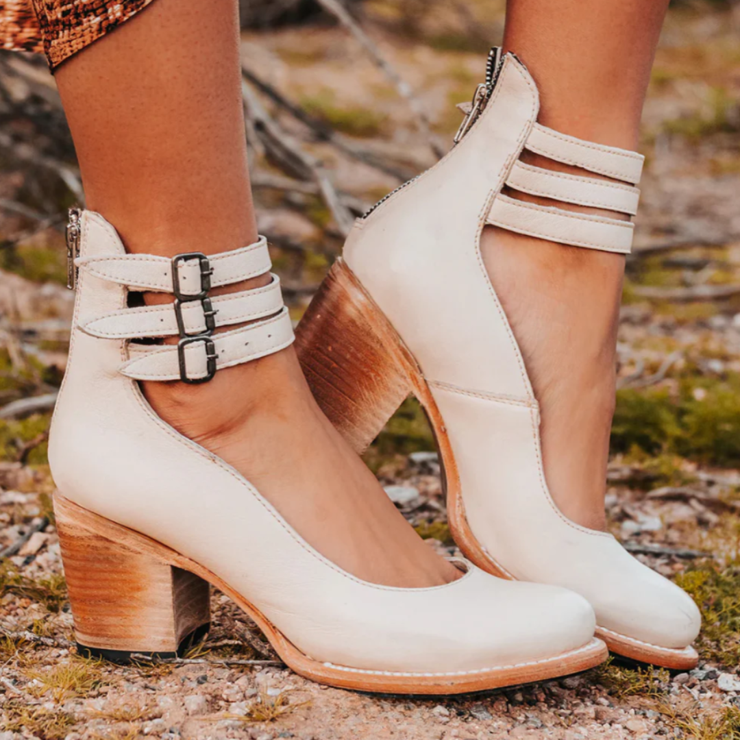 Women's Ankle Boots with Block Heel and Triple Buckle Ankle Straps