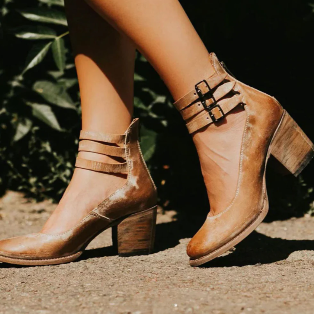 Women's Ankle Boots with Block Heel and Triple Buckle Ankle Straps