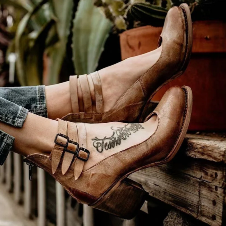 Women's Ankle Boots with Block Heel and Triple Buckle Ankle Straps