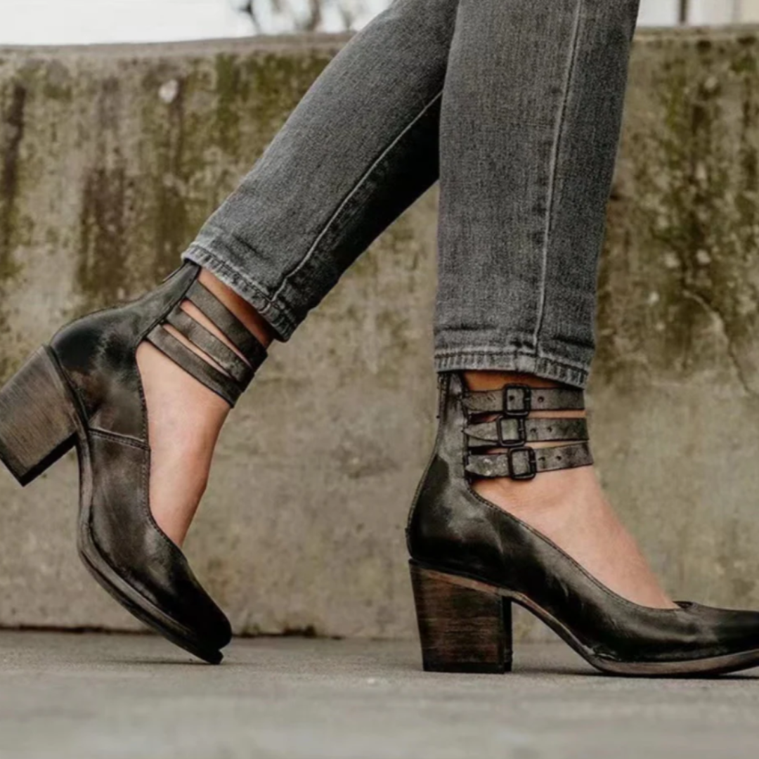 Women's Ankle Boots with Block Heel and Triple Buckle Ankle Straps