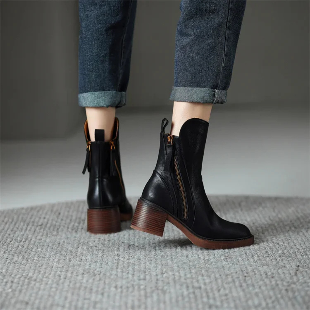 Women's Ankle Boots with Double Side Zippers and Block Heel