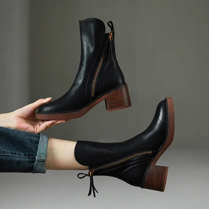 Women's Ankle Boots with Double Side Zippers and Block Heel