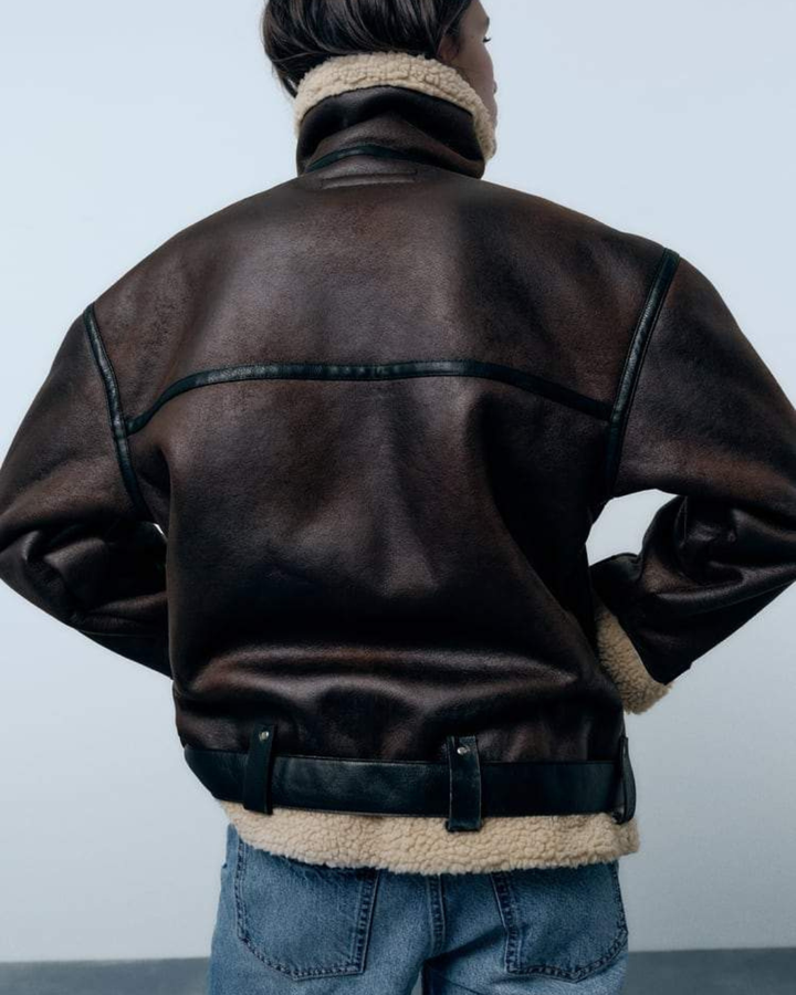 Women's Aviator Jacket with Sherpa Collar and Asymmetric Zip Closure