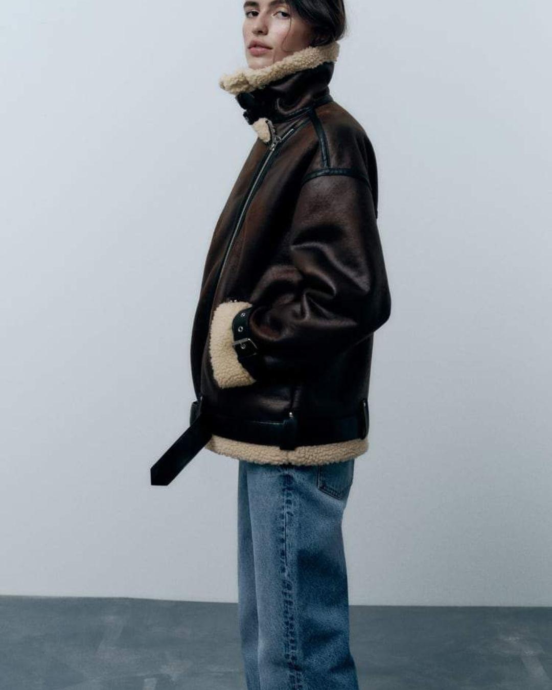 Women's Aviator Jacket with Sherpa Collar and Asymmetric Zip Closure