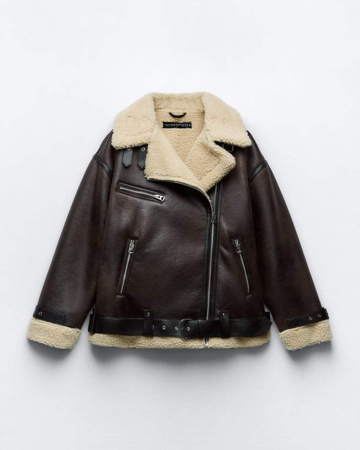 Women's Aviator Jacket with Sherpa Collar and Asymmetric Zip Closure