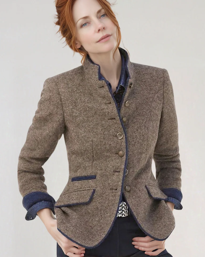 Women's Blazer Jacket with Stand Up Collar and Contrast Trim
