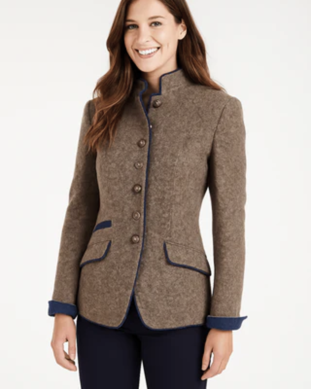 Women's Blazer Jacket with Stand Up Collar and Contrast Trim