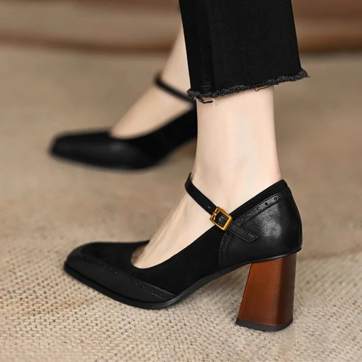 Women's Block Heel Pumps with Square Toe and Ankle Strap Buckle