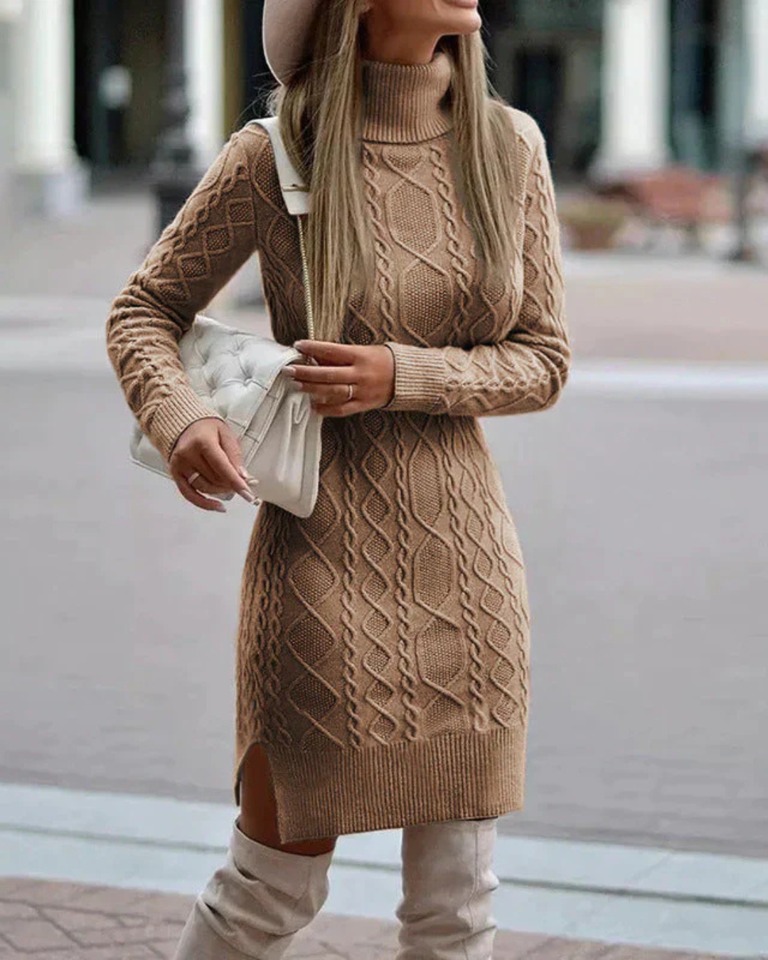 Women's Cable Knit Turtleneck Sweater Dress with Long Sleeves and Side Slit