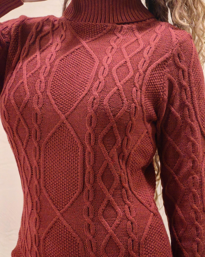 Women's Cable Knit Turtleneck Sweater Dress with Long Sleeves and Side Slit