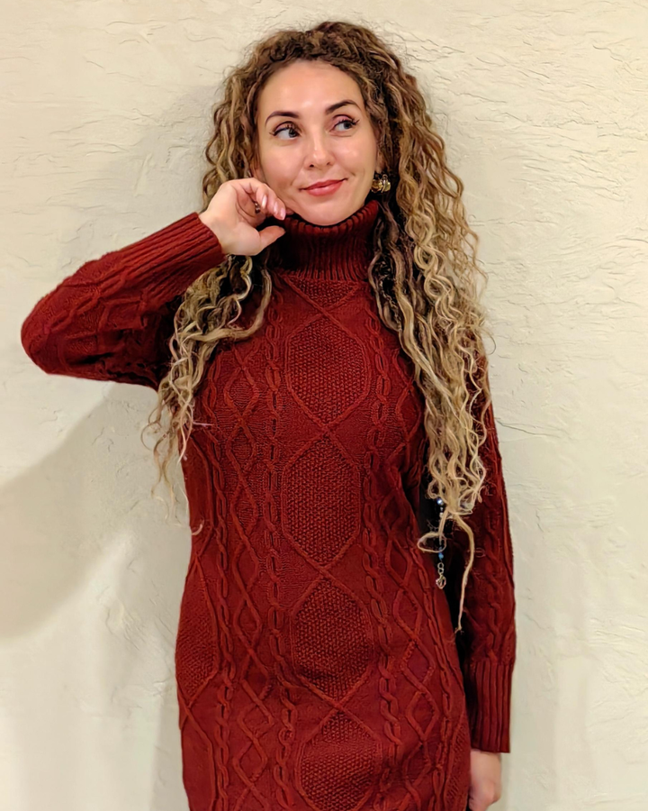 Women's Cable Knit Turtleneck Sweater Dress with Long Sleeves and Side Slit