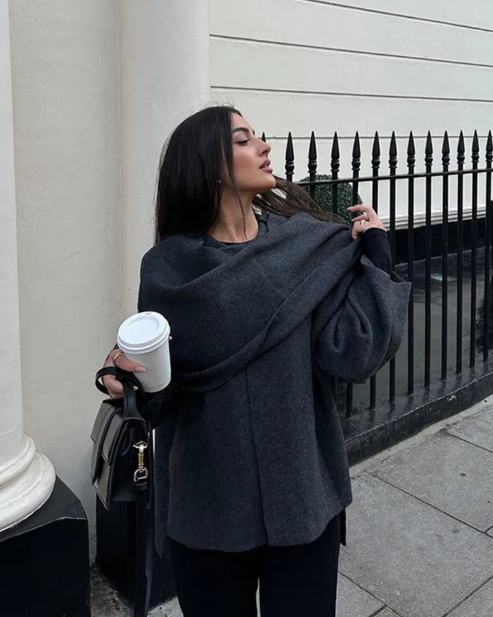 Women's Cape Jacket with Draped Cowl Neck and Button Closure