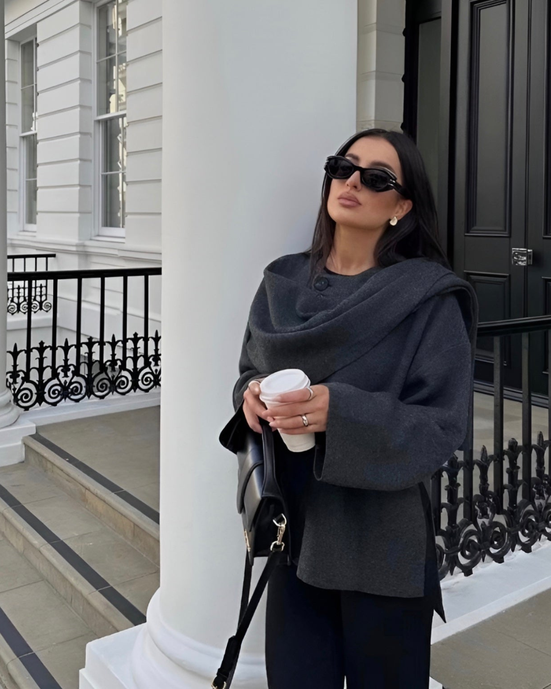 Women's Cape Jacket with Draped Cowl Neck and Button Closure