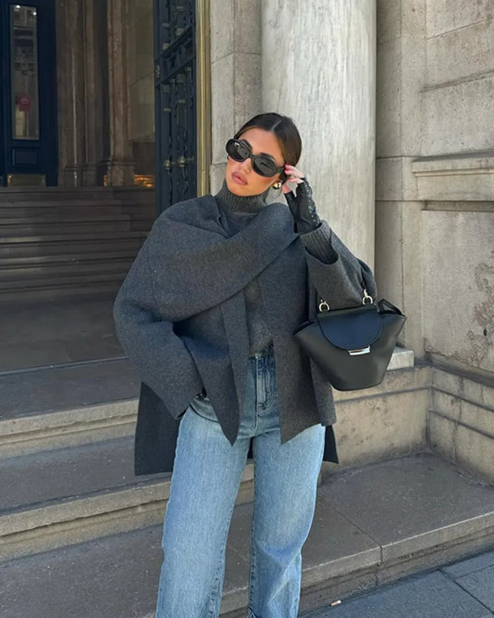 Women's Cape Jacket with Draped Cowl Neck and Button Closure