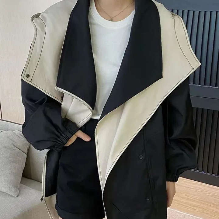 Women's Color Block Trench Coat with Wide Collar and Button Front Closure